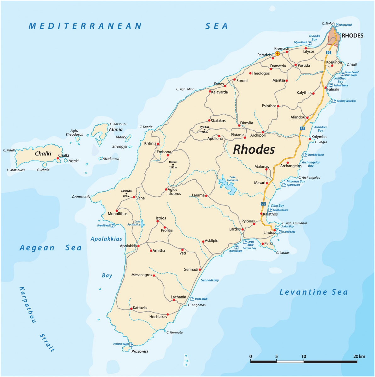 Rhodes island map (resorts, beaches, sights, excursions, hotels)